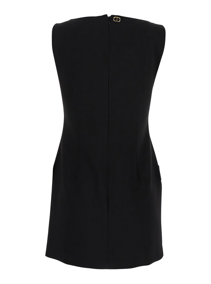 Black Crewneck Mini Dress with Bow Detail on the Front and Logo Plaque Rear in Tech Fabric Stretch Woman Textile Paper Elastane