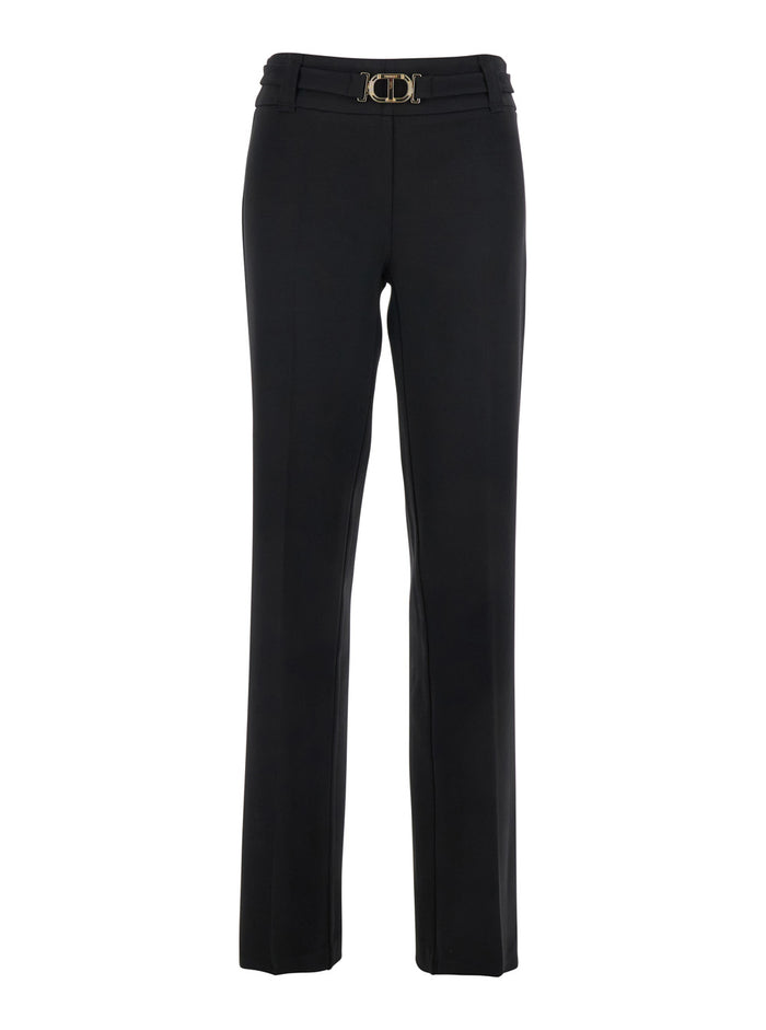 Black Pants with Belt Buckle and Loops in Viscose Blend Stretch Woman Polyamide Elastane Trousers