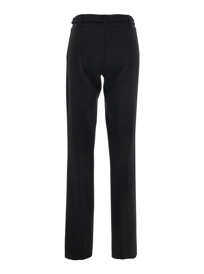 Black Pants with Belt Buckle and Loops in Viscose Blend Stretch Woman Polyamide Elastane Trousers