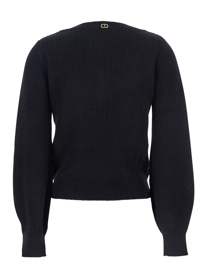 Black Sweater With Embroidered Collar And Elastic Cuffs Wool Cotton Woman Jersey