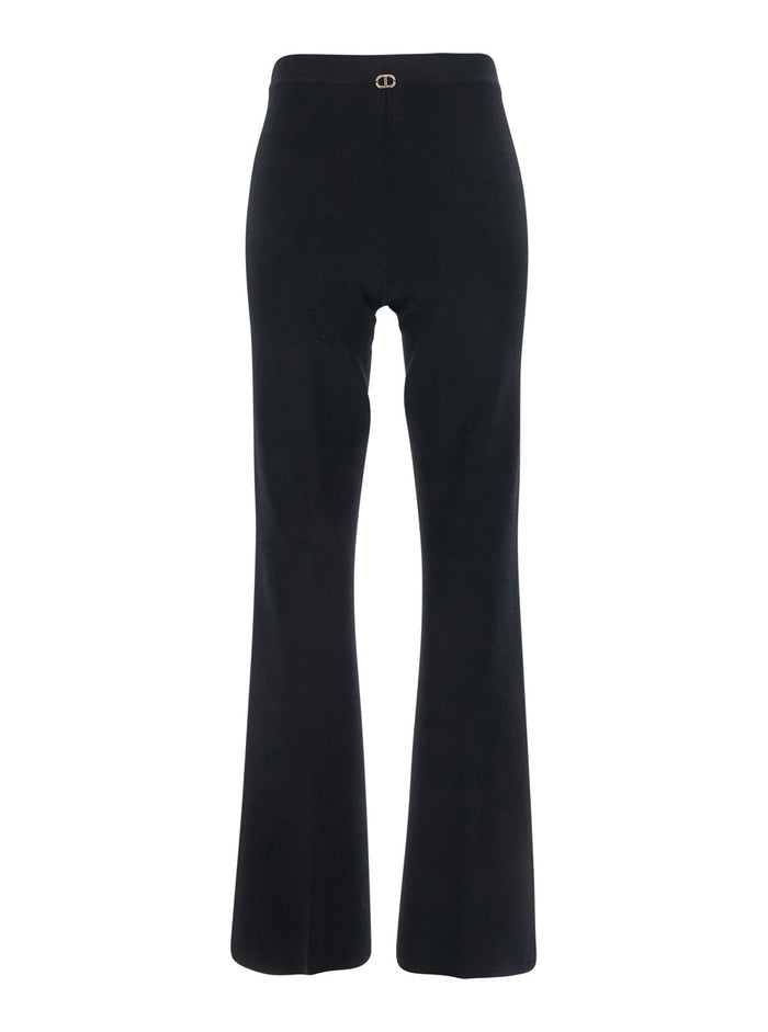 Black Flared Pants with Logo Plaque on the Rear in Viscose Blend Woman Polyamide Elastane Trousers