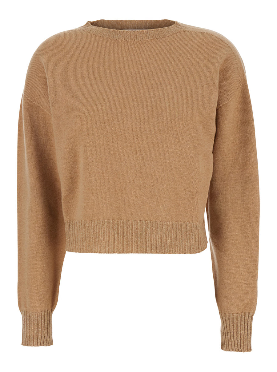 Beige Crew Neck Sweater With Ribbed Details Wool Tops