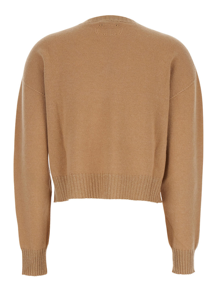 Beige Crew Neck Sweater with Dropped Shoulder and Ribbed Details in Wool Woman Cashmere Textile Paper Jersey