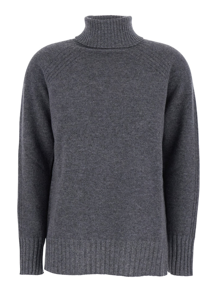 Grey Turtleneck Sweater with Ribbed Details in Wool Woman Cashmere Textile Paper Jersey