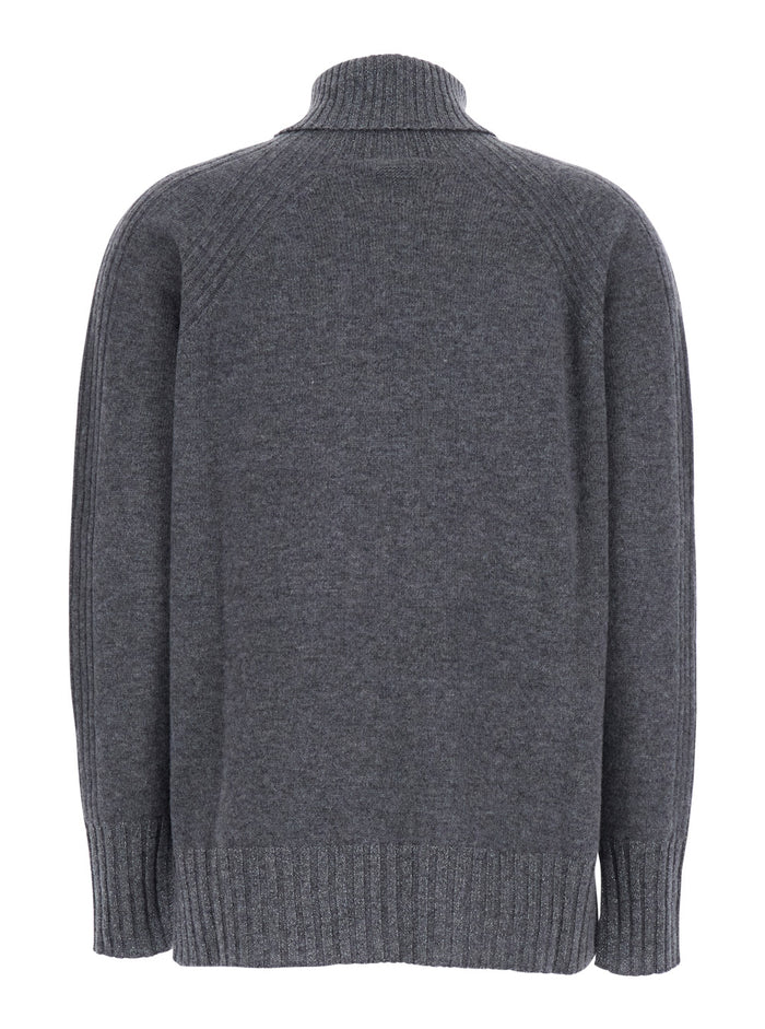 Grey Turtleneck Sweater with Ribbed Details in Wool Woman Cashmere Textile Paper Jersey