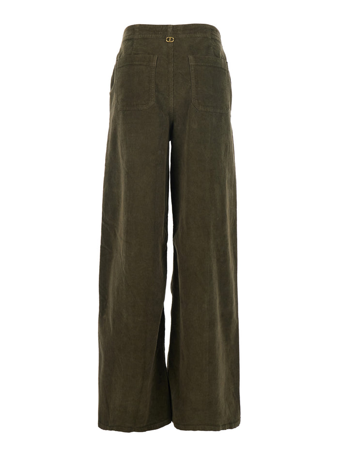 Brown Pants with Belt Loops in Ribbed Velvet Woman Green Cotton Elastane Trousers