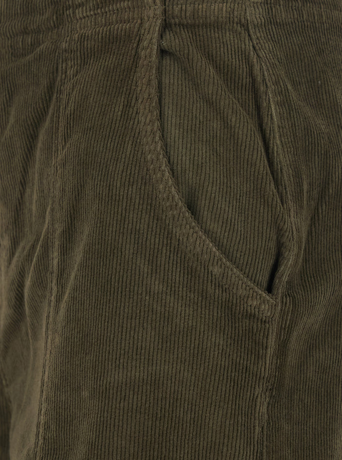 Brown Pants with Belt Loops in Ribbed Velvet Woman Green Cotton Elastane Trousers
