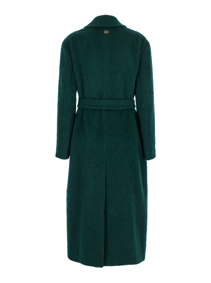 Green Double-Breasted Coat with Notched Revers and Belt on the Front in Wool Blend Woman Outerwear