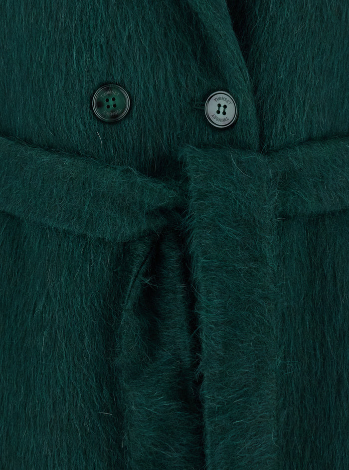 Green Double-Breasted Coat with Notched Revers and Belt on the Front in Wool Blend Woman Outerwear