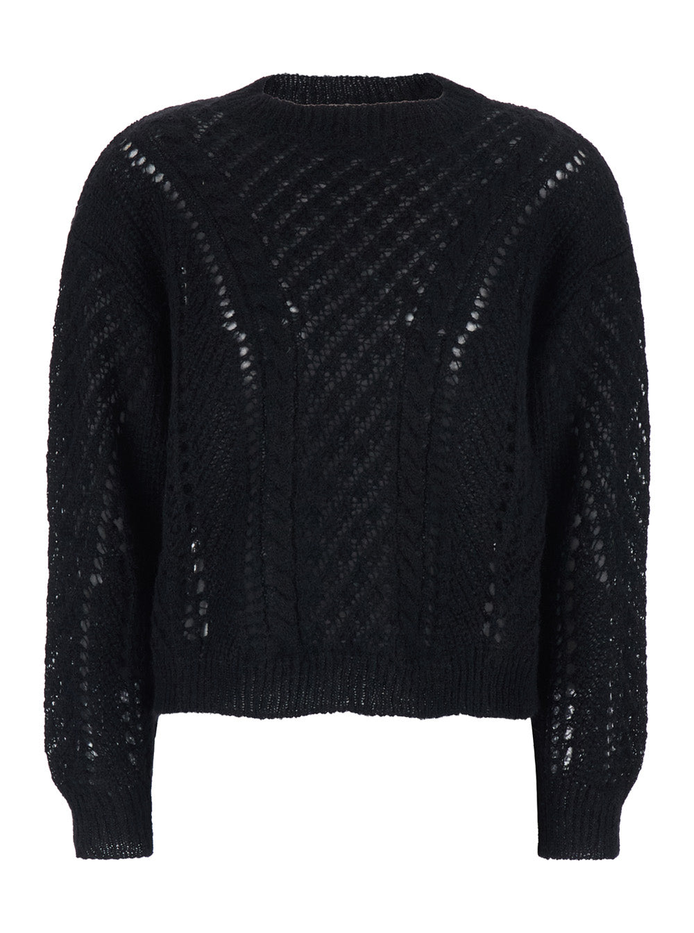 Black Crewneck Sweater with Logo Plaque on the Rear and Perforated Design in Wool Woman Jersey