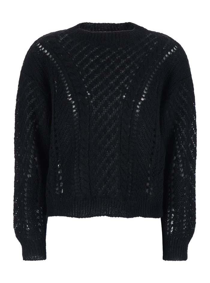 Black Crewneck Sweater with Logo Plaque on the Rear and Perforated Design in Wool Woman Jersey