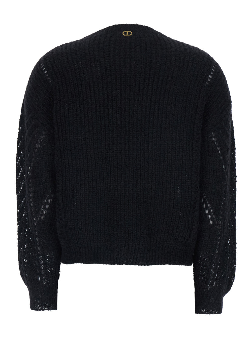 Black Crewneck Sweater with Logo Plaque on the Rear and Perforated Design in Wool Woman Jersey