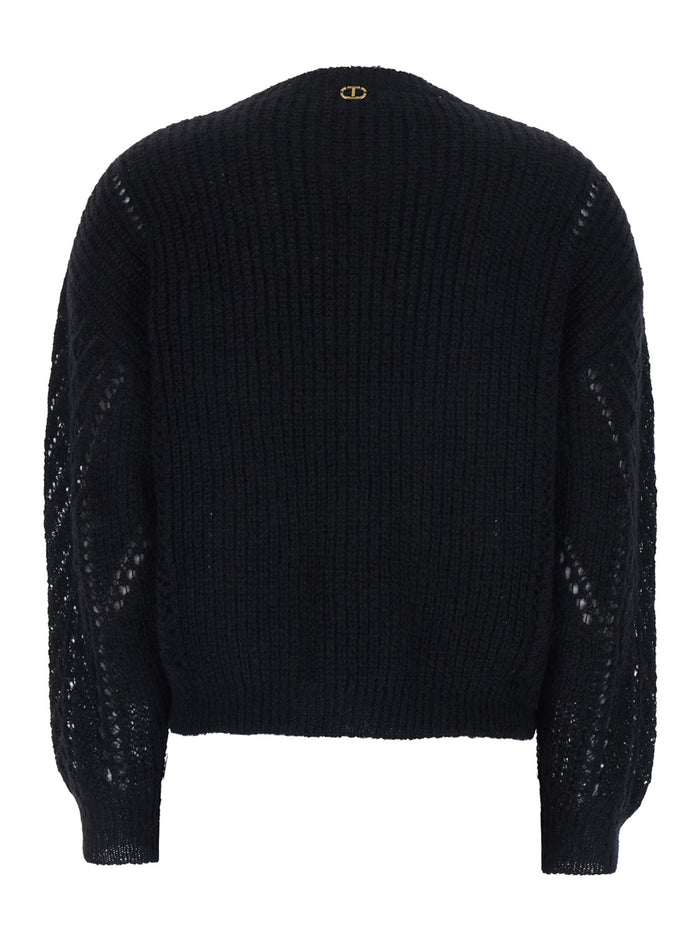 Black Crewneck Sweater with Logo Plaque on the Rear and Perforated Design in Wool Woman Jersey