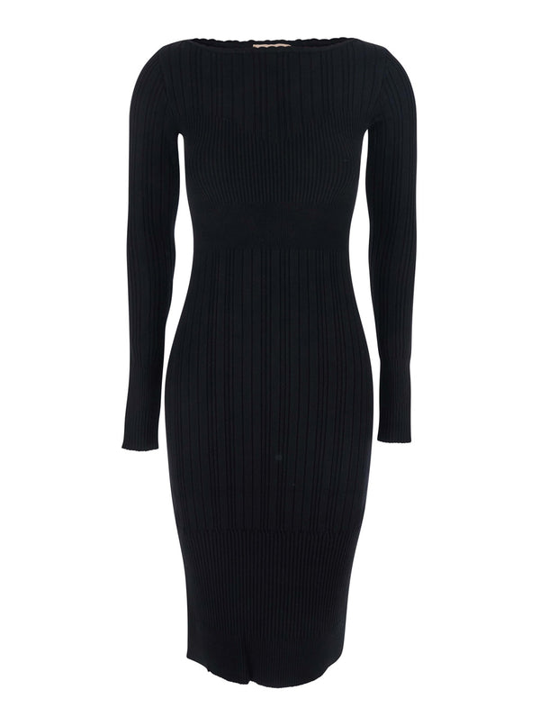 Black Long Dress With Boat Neck Viscose