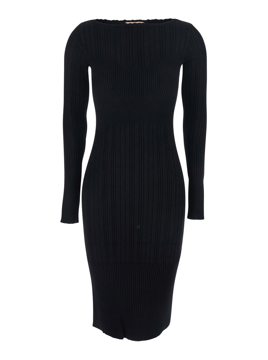 Black Long Dress With Boat Neck Viscose