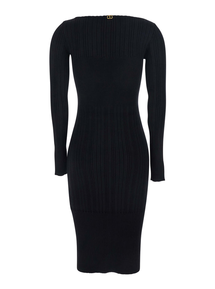 Black Long Dress with Boat Neck and Ribbed Design in Fabric Woman Viscose Textile Paper