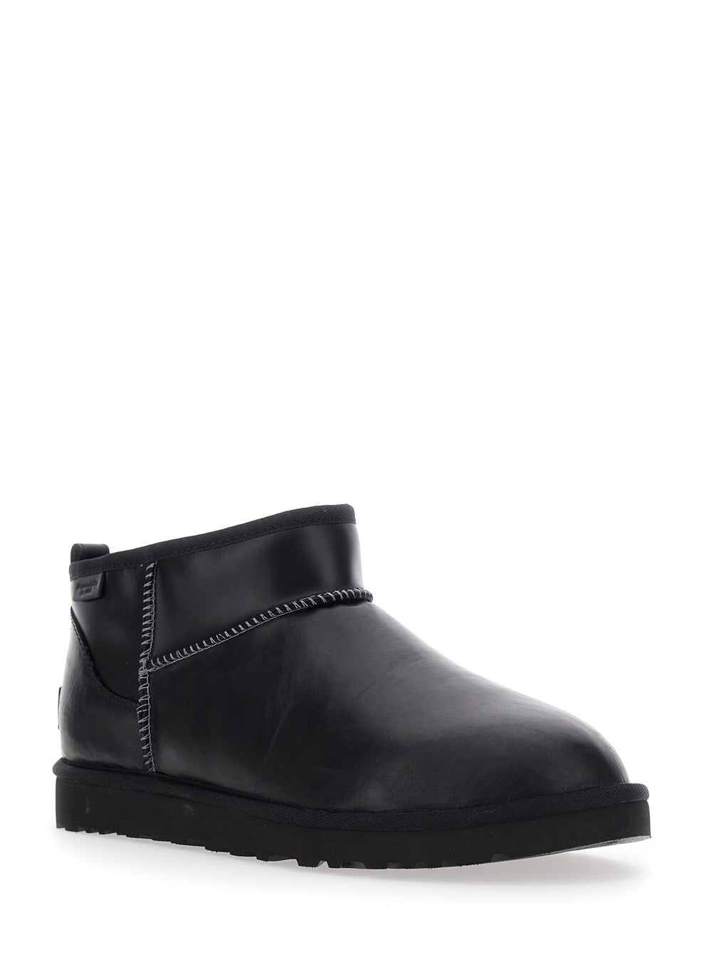 Ultra Mini Black Boots with Logo Patch on Back in Leather Man Ankle