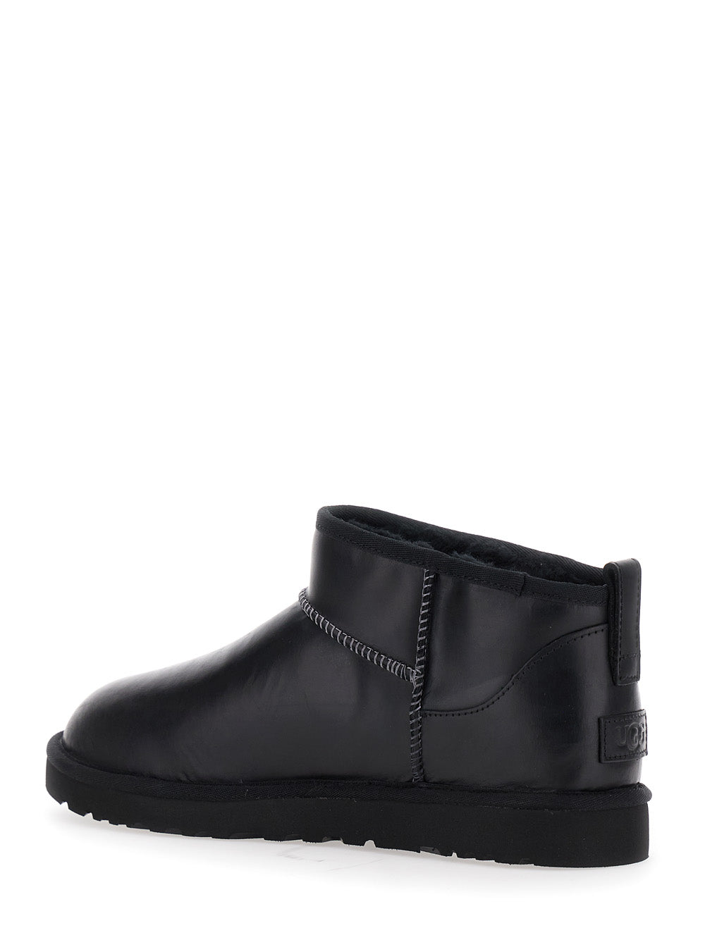 Ultra Mini Black Boots with Logo Patch on Back in Leather Man Ankle