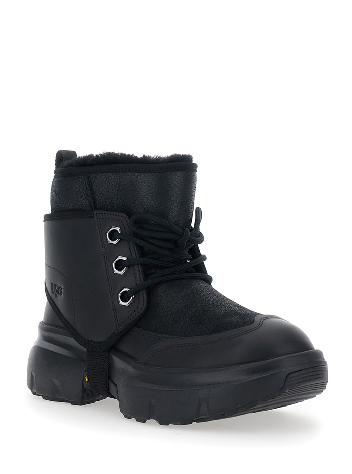 Black Ankle Boots with Side Logo and Platform Sole in Leather Blend Woman Twinface Textile