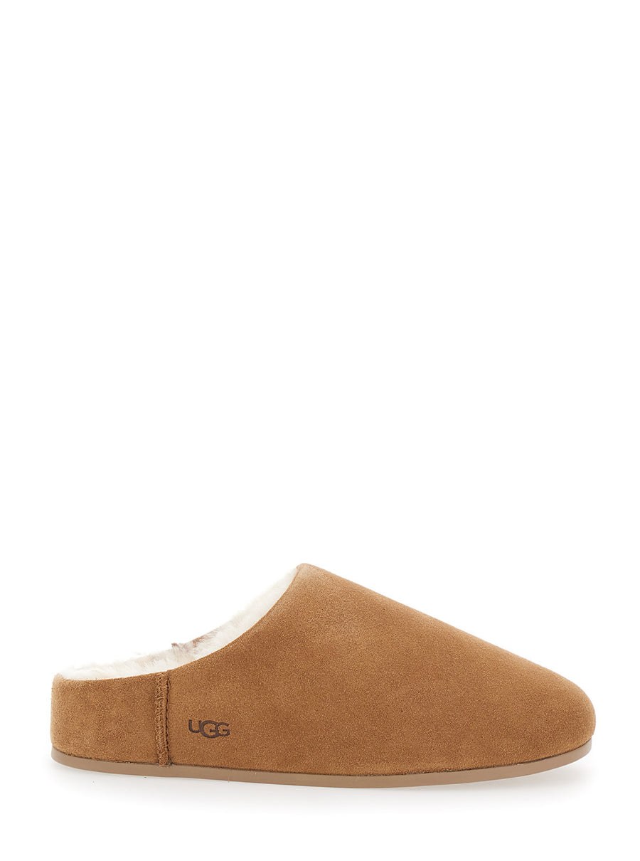 Beige Mules With Logo Lettering And Shearling Lining Leather