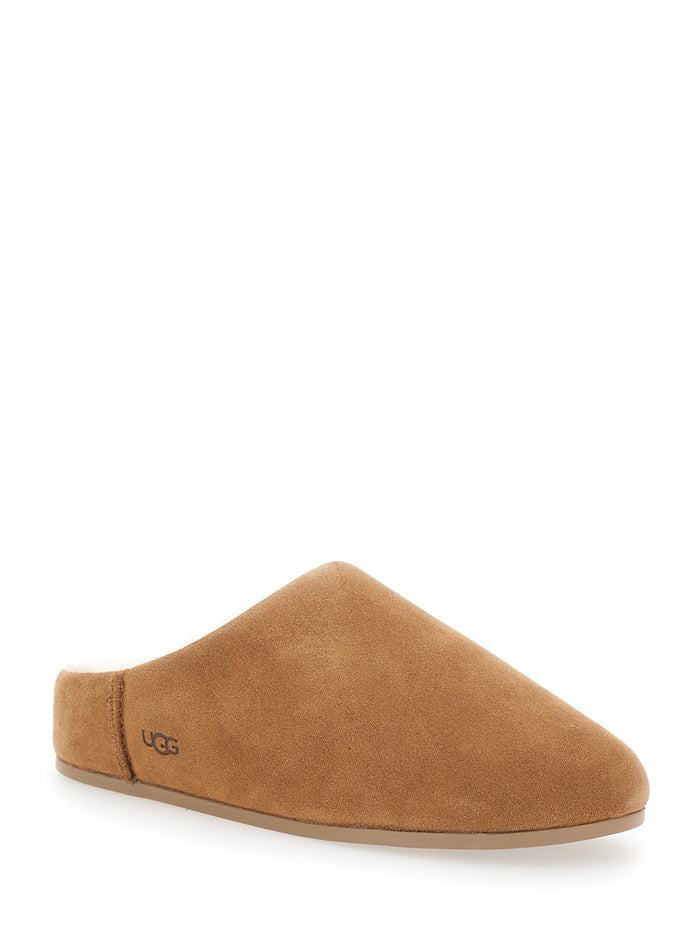 Elea Beige Mules with Logo Lettering on the Side and Shearling Lining in Suede Woman Leather Flat Shoes