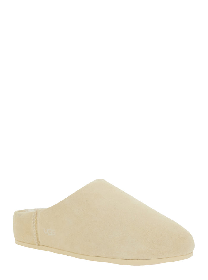Elea Beige Mules with Logo Lettering on the Side and Shearling Lining in Suede Woman Leather Flat Shoes