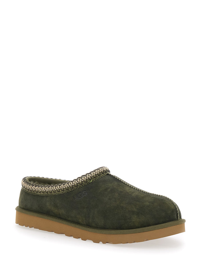 Tasman Green Mules with Shearling Lining in Suede Man Leather Textile Flat Shoes