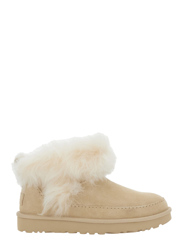 Classic Ultra Mini Chalet Beige Ankle Boots with Fur Design in Suede Woman Leather Other