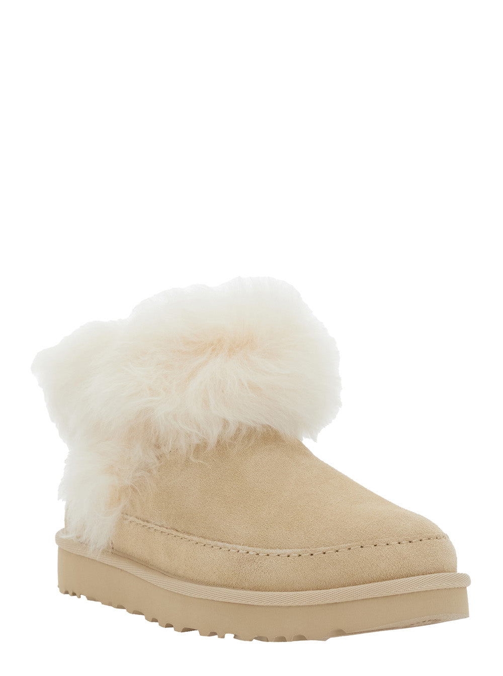 Classic Ultra Mini Chalet Beige Ankle Boots with Fur Design in Suede Woman Leather Other