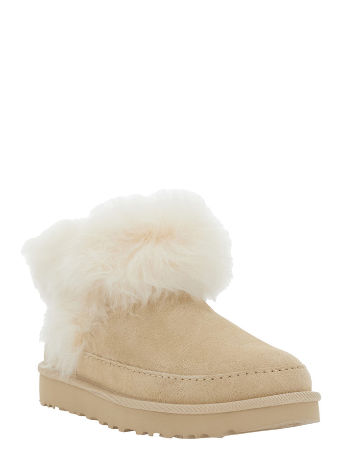 Classic Ultra Mini Chalet Beige Ankle Boots with Fur Design in Suede Woman Leather Other