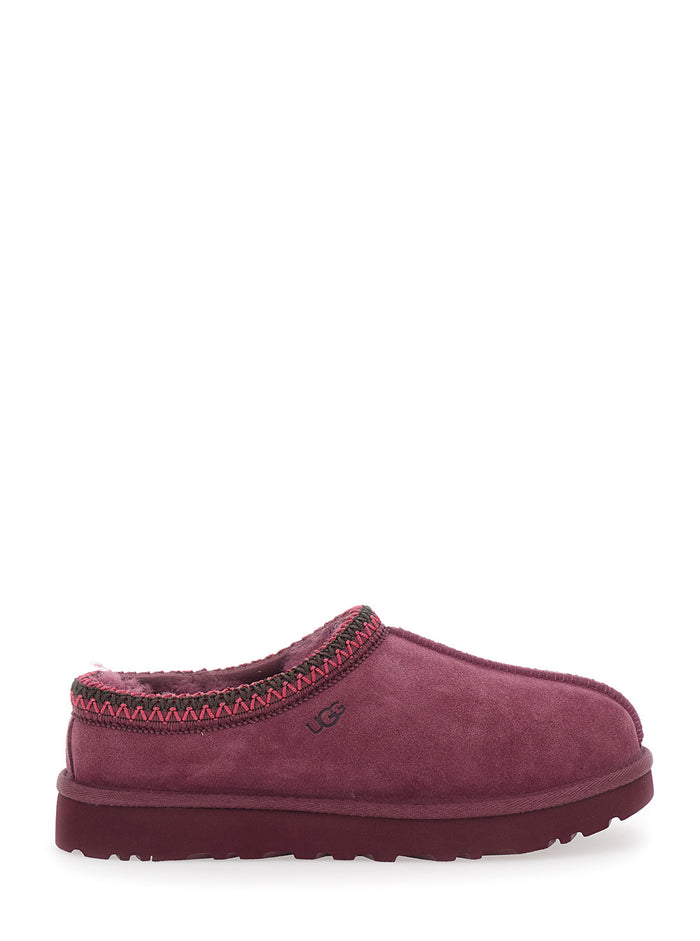 Bordeaux Mules with Almond Toe and Embroidery in Suede Woman Leather Textile Flat Shoes