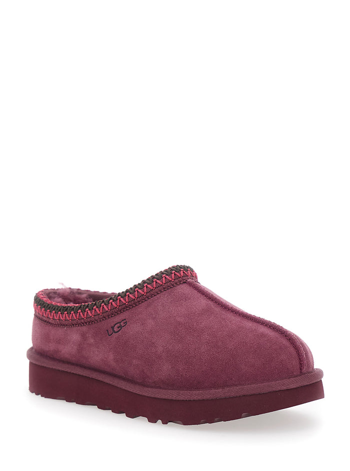 Bordeaux Mules with Almond Toe and Embroidery in Suede Woman Leather Textile Flat Shoes