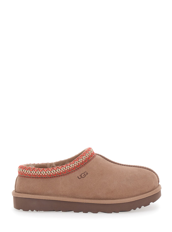 Tasman Beige Mules with Embossed Logo in Suede Woman Leather Textile Flat Shoes