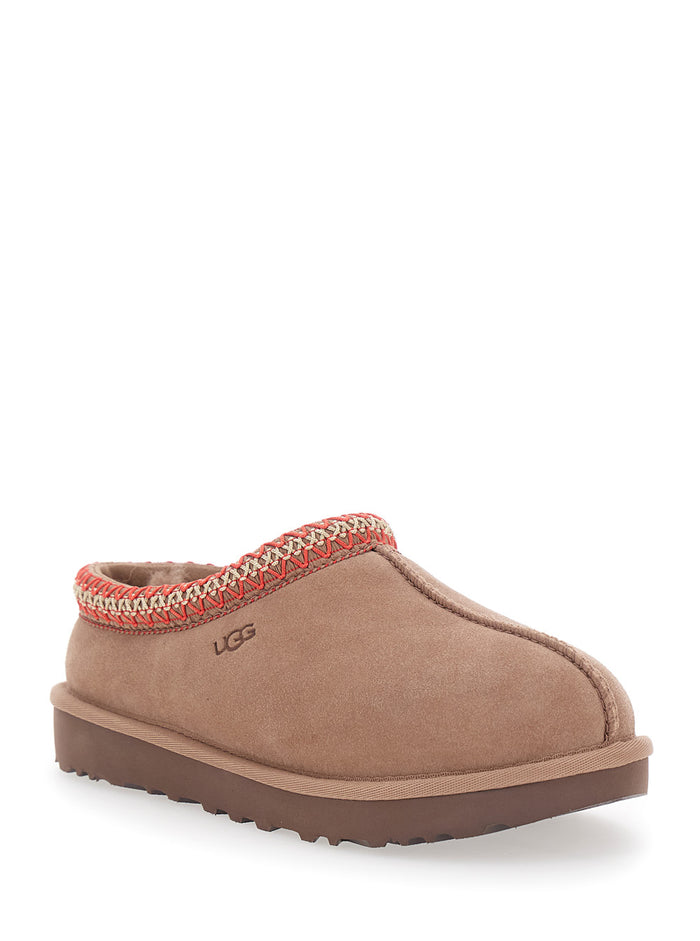 Tasman Beige Mules with Embossed Logo in Suede Woman Leather Textile Flat Shoes