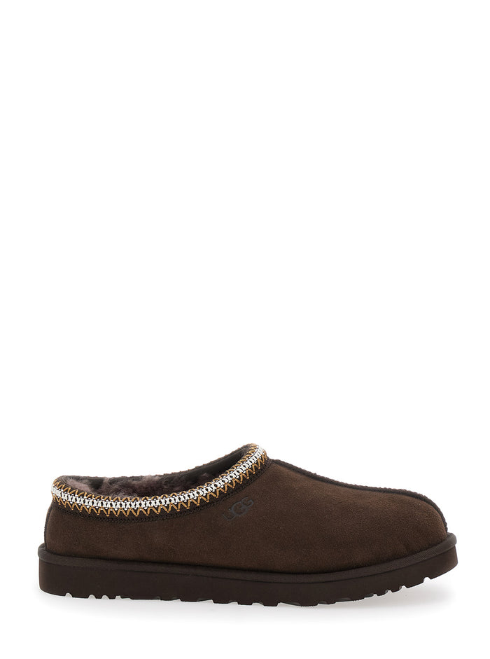 Tasman Brown Mules With Embossed Logo Suede Man Leather Textile Flat Shoes