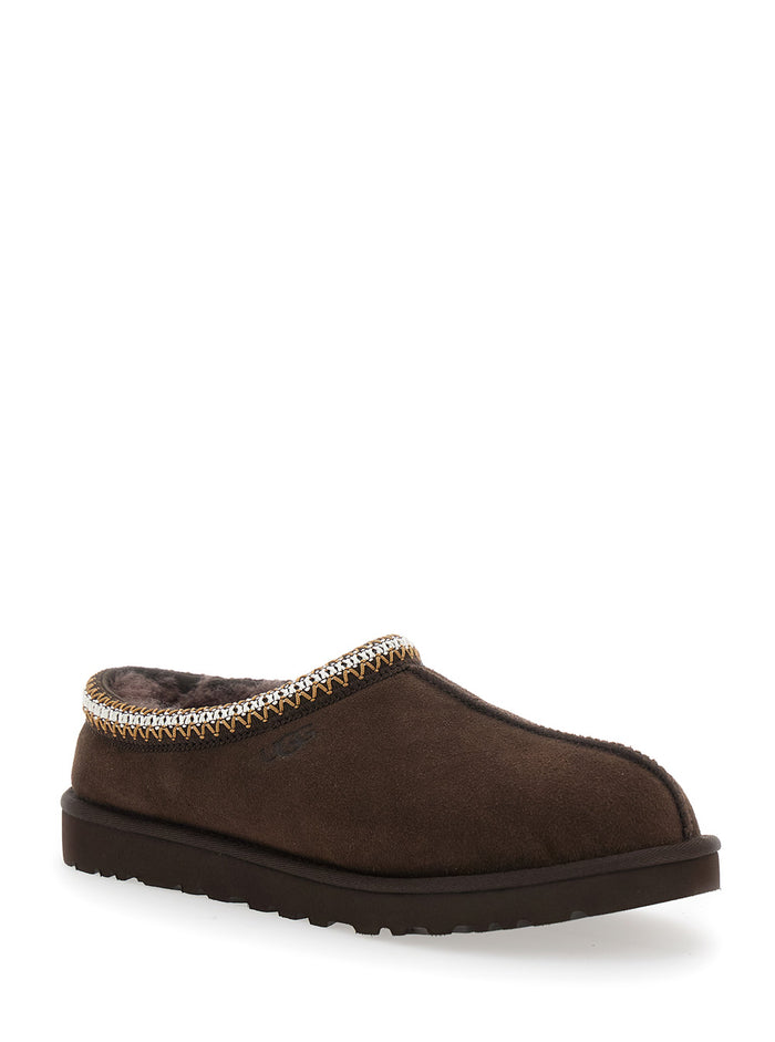 Tasman Brown Mules With Embossed Logo Suede Man Leather Textile Flat Shoes