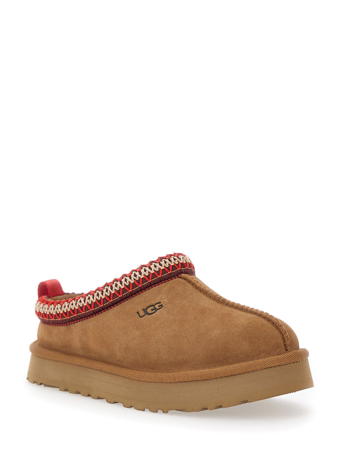 Tasman Beige Mules With Embossed Logo Suede Girl Leather Textile Flat Shoes