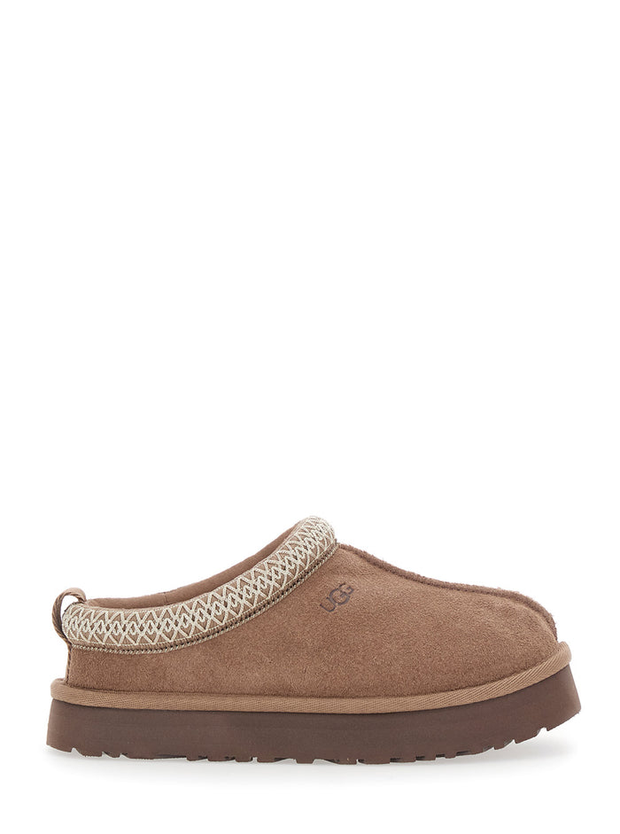 Tasman Beige Mules With Embossed Logo And Platform Suede Girl Leather Textile Flat Shoes