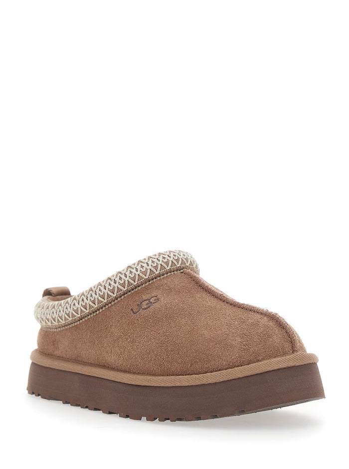 Tasman Beige Mules With Embossed Logo And Platform Suede Girl Leather Textile Flat Shoes