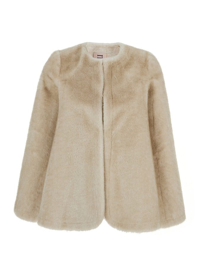 Beige Round Neck Hood with Trapezoid Design in Faux Fur Woman Polyester Outerwear