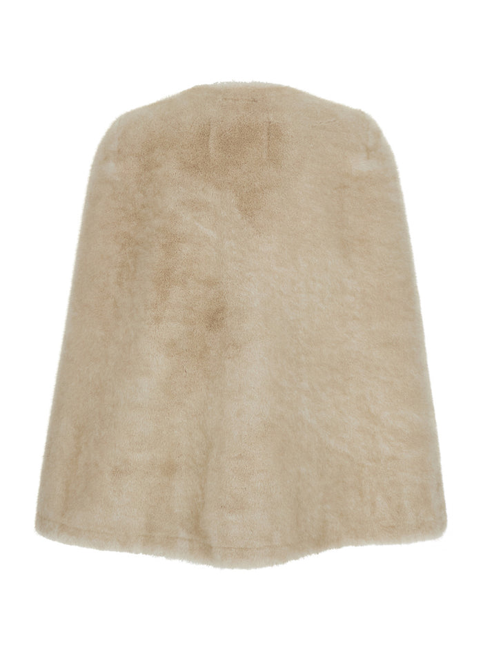 Beige Round Neck Hood with Trapezoid Design in Faux Fur Woman Polyester Outerwear