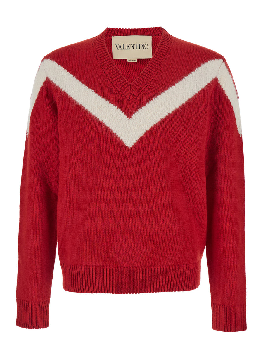 Red V Neck Sweater With Rear Bow Wool Tops