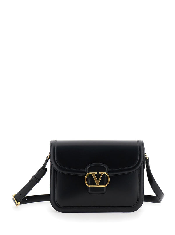 Black Shoulder Bag With Vlogo Detail Calf Leather