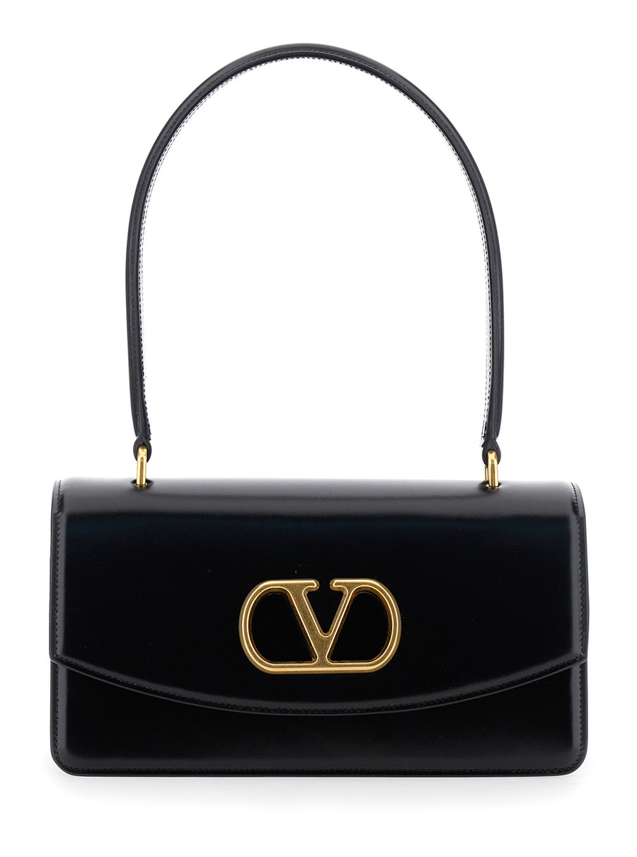 Black Shoulder Strap With Vlogo Plaque Calf Bags