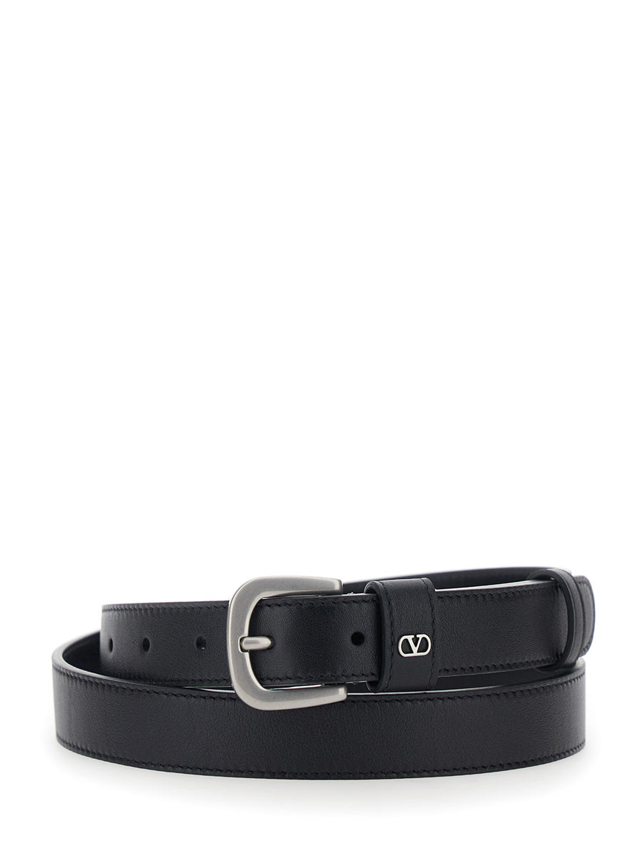 Black Leather Belt With Vlogo Plaque Calf