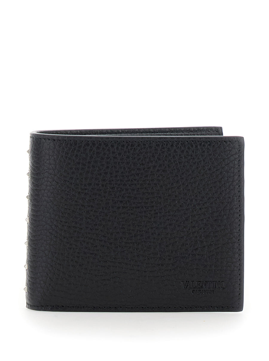 Black Bi-Fold Wallet With Rockstud Details Calf
