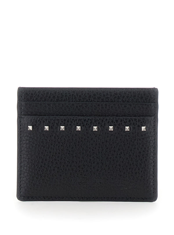 Black Leather Card Holder With Rockstuds Calf Accessory