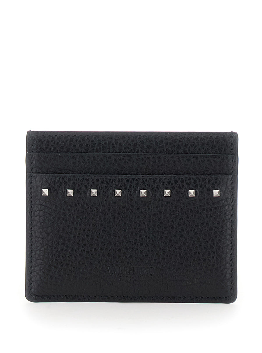Black Leather Card Holder With Rockstuds Calf Accessory