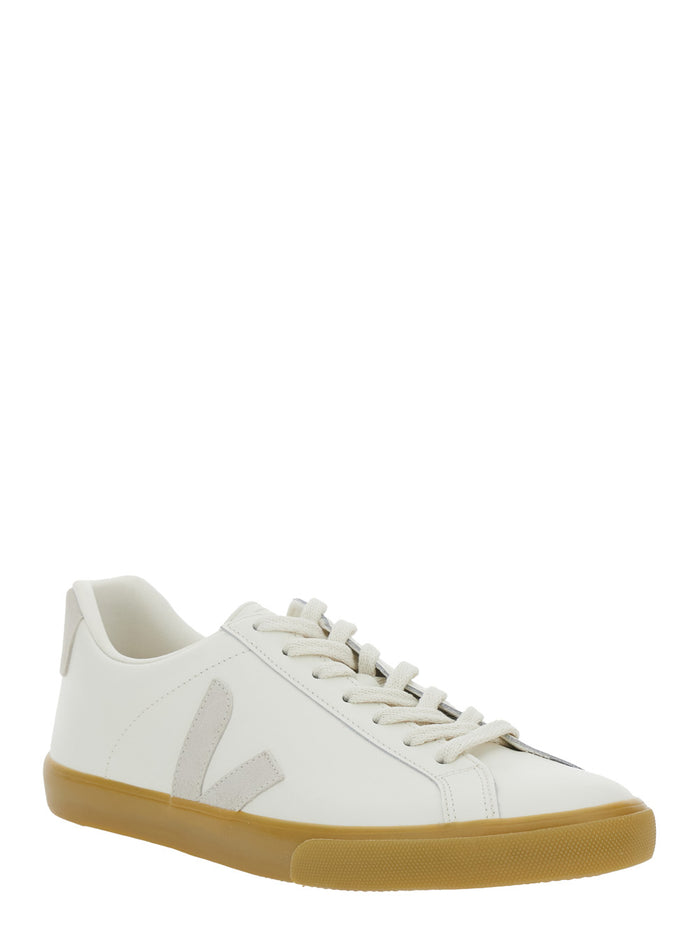 Esplar White Low Top Sneakers with Contrasting Heel Logo Lettering and Patch on the Side in Leather Unisex