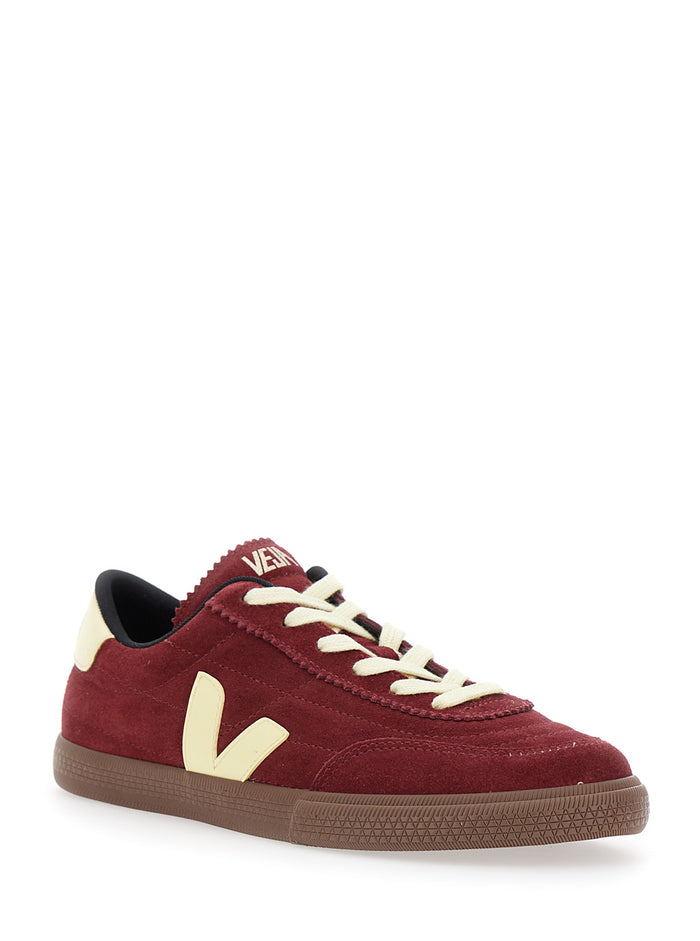 Panenka Bordeaux Low Top Sneakers with Logo Patch on the Side and Contrasting Heel Lettering in Leather Unisex Suede